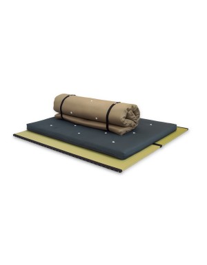 The Monk Futon open in Navy and rolled in Stone cotton drill fabrics