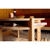 Close up view of round Tuck table with jigh shelf
