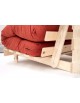 A close up of the Senjo Futon traditional pine frame with comfy guest use futon